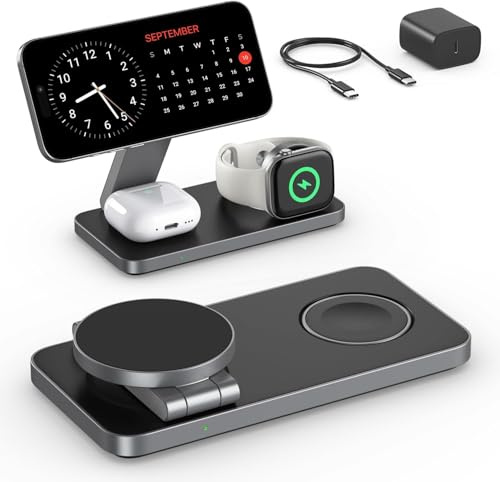 Kabelloses Ladegerät mit MagSafe, 3 in 1 Ladestation für Apple Faltbar Induktive Wireless Charger für iPhone 17e/17/16/15/14/13/12/Air, Apple Watch 10/9/8/7/6/SE/5/4/3/, AirPods Pro