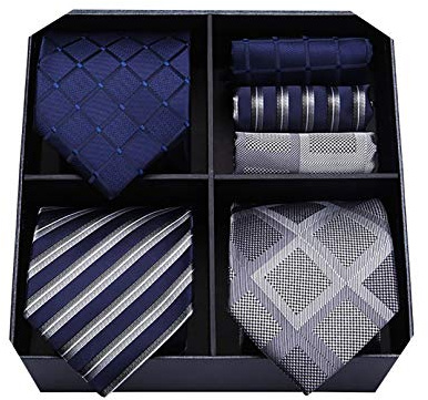HISDERN Herren Krawatte Los 3 Stck Klassisch Elegante Karo Streifen Solid Color Hochzeits Krawatten und Einstecktuch Seidenkrawatte Set