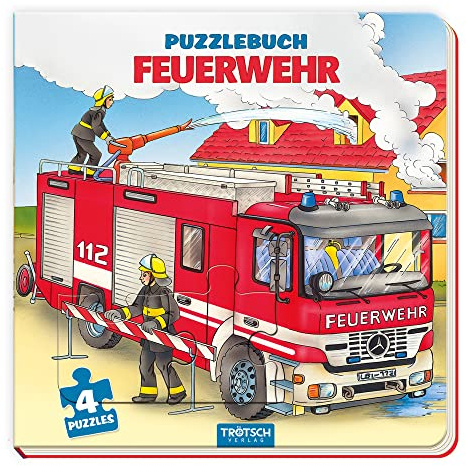 TRÖTSCH - Puzzlebuch quadratisch "Feuerwehr" | Puzzlebuch mit 4 Feuerwehr Puzzles und kleinen Bilderrätseln unter jedem Puzzle: Handliches Kinderbuch mit lustigen Reimen zum Vorlesen | Ab 3 Jahren