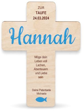 LAUBLUST Personalisiertes Holzkreuz mit Namen & Datum | Kreuz aus Holz - Geschenk für Kinder zur Taufe, Kommunion, Konfirmation & Erstkommunion - Taufkreuz Taufgeschenk von Paten für Mädchen & Jungen
