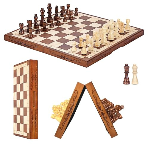 Syrace Magnetisches Schach- und Dame-Set, Brettspiele, Kinder und Erwachsene, aus Holz, faltbar, handgeschnitzt, tragbar, Reise-Schachbrettspiel-Sets mit Spielsteinen und Aufbewahrungsschlitzen, 40 cm