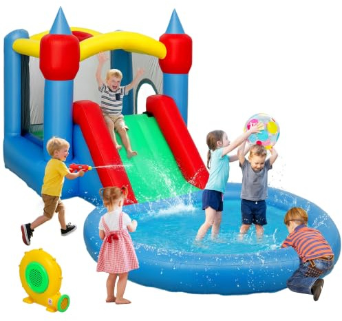 AIYAPLAY Hüpfburg mit Gebläse 4 in 1 Hüpfburg, Rutschen, Trampolin, Basketballkorb, Ballpool, für drinnen und draußen, bis zu 3 Kinder 3-8 Jahre alt