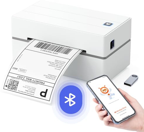 MUNBYN DHL Etikettendrucker Bluetooth, Label Printer 4x6 Versandetiketten Drucker, Thermodrucker Labeldrucker für Shopify Zalando Etsy DPD UPS, mit 25 Etiketten, ITPP130B Weiß