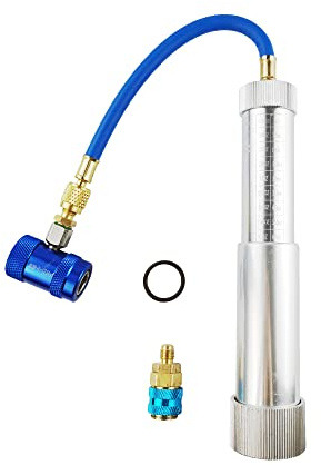 Wisepick R1234yf Kompressor-Ölfarbstoffinjektor mit Schnellkupplung R-134a System 1/4 "SAE-Skala Nachfüllbar Linie 2 OZ Handdrehschraube