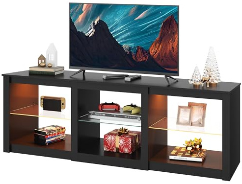 WLIVE TV-Schrank LED, 166 x 39 x 56 cm, Lowboard für Fernseher bis zu 75 Zoll, Fernsehtisch mit verstellbare Glasregal für Wohnzimmer, Schlafzimmer, Schwarz