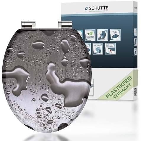 SCHÜTTE WC-Sitz Holzkern GREY STEEL, Toilettensitz Grau mit Absenkautomatik, passend für viele handelsübliche WC-Becken, maximale Belastung der Klobrille 150 kg, Motiv auf Brille und Deckel 80123