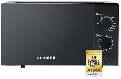 KLAMER Mikrowelle 20 Liter, 700 Watt, 9 Leistungsstufen inklusive Grill- und Auftaufunktion, 35-Minuten-Timer, inkl. Drehteller & Grillrost, energieeffizient, schwarz
