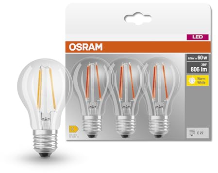 Osram Lamps LED Base Classic A Lampe, in Kolbenform mit E27-Sockel, nicht dimmbar, Ersetzt 60 Watt, Filamentstil Klar, Warmweiß - 2700 Kelvin, 3 Stück (1er Pack)