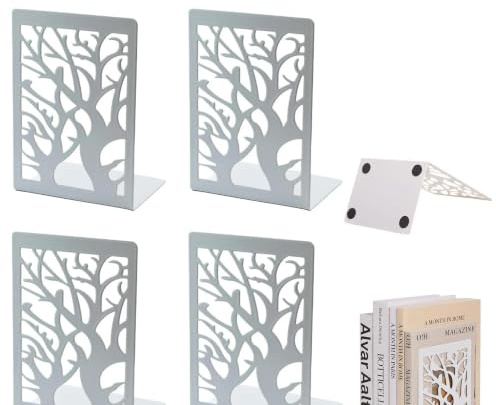 Strehknewen 2 Paar Buchstützen Weiß Metall – Baumzweig-Design, rutschfest, 17.5x12x9cm, Deko Buchhalter für Büro, Zuhause, Schule, Bücherregal Organizer