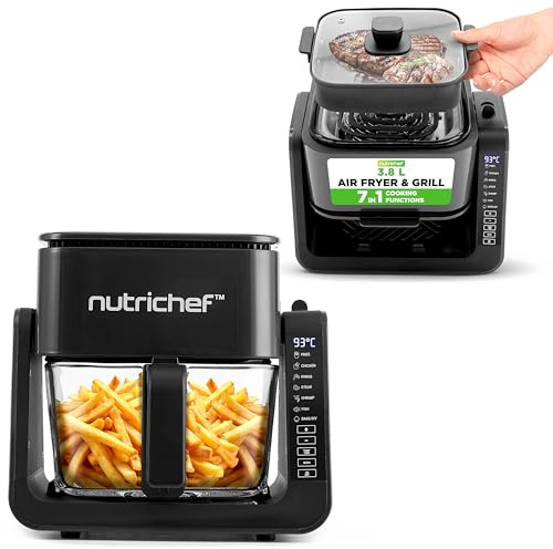 NutriChef Heißluftfritteuse 4L mit Grillfunktion 1500W Schwarz – Airfryer ohne Öl mit Sichtfenster, 7 Programme, Glasbehälter für Familien & vielseitiges Kochen
