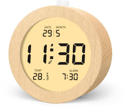 aboveClock Digitaler Wecker, Holz Nachttisch Wecker | LCD-Anzeige mit Temperatur und Datum, Snooze-Funktion, Hintergrundbeleuchtung, Ideal fürs Schlafzimmer, 3 AAA ohne Batterien
