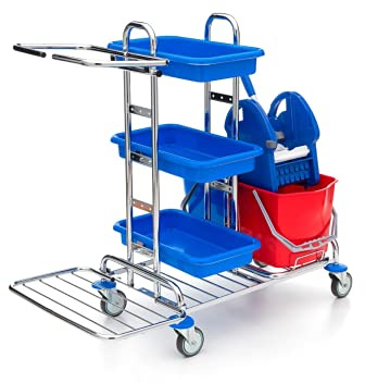 Wisch Star Chrom Putzwagen Reinigungswagen mit Presse, 2X 17L Eimer | 3 x Ablagefächer und 120L Müllsackhalterung, Eimer für Schmutzwassertrennung, für professionelle Reinigungskräfte geeignet