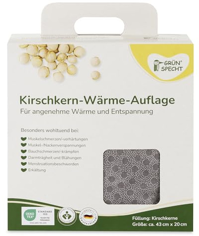 GRÜNSPECHT Kirschkern-Kissen 43x20cm, 3 abgesteppte Kammern, Wärmekissen für Nacken, Bauch & Rücken, Bezug aus 100% Baumwolle, für Mikrowelle & Backofen, grau (1100-V1)