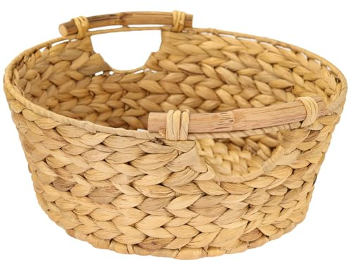 HMF Aufbewahrungskorb rund, Geschenkkorb leer geflochten aus Wasserhyazinthe mit Holzgriffen | 30 x 12 cm
