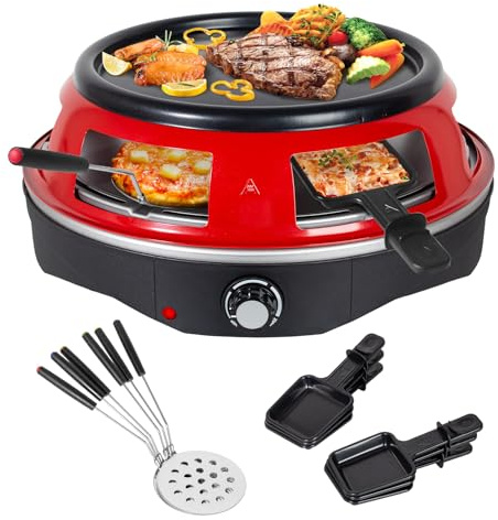 Todeco 3-in-1 Elektrischer Pizzaofen, Pizzabackofen für 6 Personen, Rot | 6 Pizzaschaufeln für mini-pizza in Ø 10 cm, 6 Käsepfanne, herausnehmbare Grillplatte, für Grillen und Pfannkuchen, 1200 W