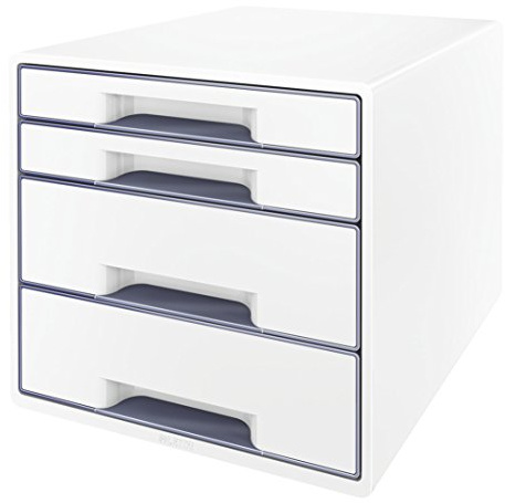 Leitz CUBE Schubladenbox mit 4 Schubladen, Weiß/Grau, A4, Inkl. transparentem Schubladeneinsatz, WOW, 52132001