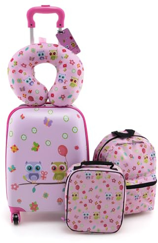 COSTWAY 5 teiliges Kinderkoffer + Rucksack, Kindertrolley mit Lunchbox, Gepäckanhänger & Nackenkissen, Kindergepäck mit Rollen, Handgepäck Reisekoffer Hartschalenkoffer für Jungen & Mädchen (Rosa)