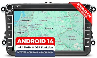 M.I.C. AV8V7-L2 Android 14 Autoradio für VW Golf 5/6 Passat Touran Tiguan T5 / Skoda/SEAT (RNS/RCD Ersatz) – 8 QLED, 4GB+64GB, Apple CarPlay/Android Auto, DAB+(Antenne inkl.), CANBUS integriert