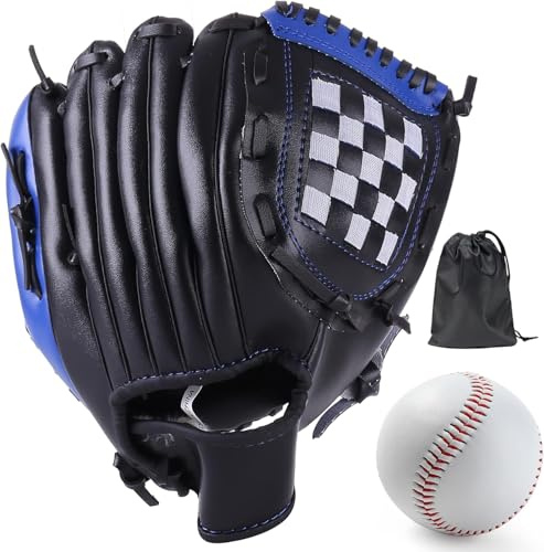 LeapBeast Baseball Handschuhe, Softball Handschuhe mit 1 Ball, Baseball Training Wettbewerb Handschuh Verdicken Dauerhaft Softballhandschuhe für Kinder Erwachsene (Schwarz-Blau, 11,5 Zoll)