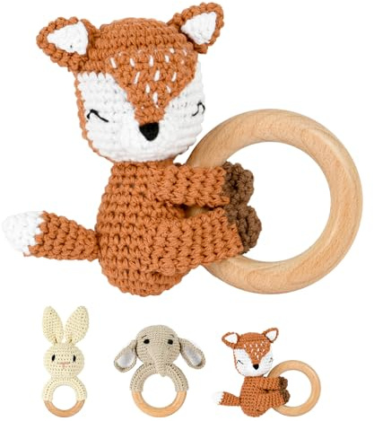 OFFCUP Babyrassel Gehäkelte Greifling, Beißring Baby, Niedlicher Greifling für Baby, Zahnring Holz, Handmade Rassel Beißring Gehäkelte Tiere Spielzeug für Babys & Kleinkinder ab 0 Monate - Fuchs
