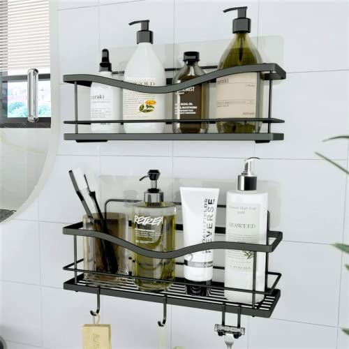 KINCMAX Premium Duschablage ohne Bohren aus Edelstahl - 2 Größen - Selbstklebendes Duschregal mit 4 Haken - Duschkorb Badregal - Bad Regal - Shower Shelf Rostfrei - Schwarz Matt