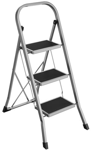 SONGMICS Trittleiter, Leiter mit 3 Stufen, Klapptritt, Klappsicherung, einfach zu verstauen, bis 150 kg belastbar, Taubengrau GSL003GY01