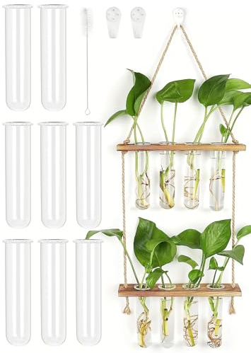 Hängende Vermehrungsstation für Pflanzen Blumen, 2 Stöckiges 9 Reagenzgläser Vase mit Holzständer, Hydrokultur Pflanzen Propagation Station für Haus Garten Büro Wohnzimmer Deko