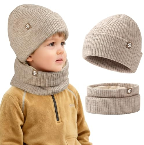 AOOSA Mütze und Schal Set Kinder, Beanie Kinder und Loop Schal Set, Wintermütze Beanie & Schlauchschal, Strickmütze Warme Knit Skull Cap Unisex Jungen Mädchen 2-8 Jahre für Ski Fahrrad Outdoor