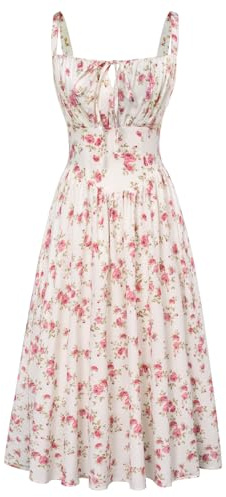 SCARLET DARKNESS Damen Viktorianisches Blumen Korsett Spaghetti Sommerkleid | Ärmellose Spaghettiträger Sundress, Verstellbare Schultergurte, Gesmokt Hinten, mit Taschen, Cottagecore Milkmaid Kleid