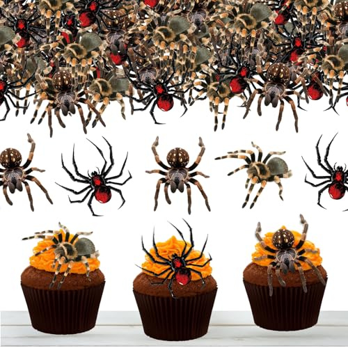 60 Stück Halloween Deko Spinne, Halloween Kuchen Deko Spinne, Lebensecht Streudeko Spinnen Cupcake Topper für Themen Party Halloweendeko