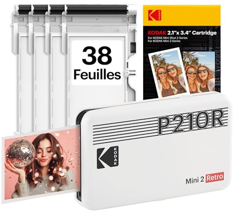 KODAK Mini 2 Retro 5,3 x 8,6 cm tragbarer Fotodrucker, 38 Blatt, Bluetooth-Smartphone-Drucker für iPhone und Android, sofortige Farbdrucke, 4-Pass-Farbsublimation