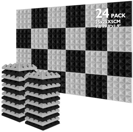 AGPtEK 25 x 25 x 5 cm 24 Stück Schalldämmende Polsterung | Schaumstoff-Dämmplatten Akustikschaumstoff Ideal für Tonstudio, Fernsehzimmer, Kinderzimmer, Büro und Podcast-Aufnahmen