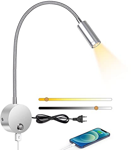 ERWEY Leselampe Wandmontage, LED Wandleuchte Bettlampe mit Schalter Touch Dimmbar und USB-Ladeanschluss, Bett Leselicht 360° Schwenkbar Schwanenhals Lampe mit Stecker und Kabel für Schlafzimmer