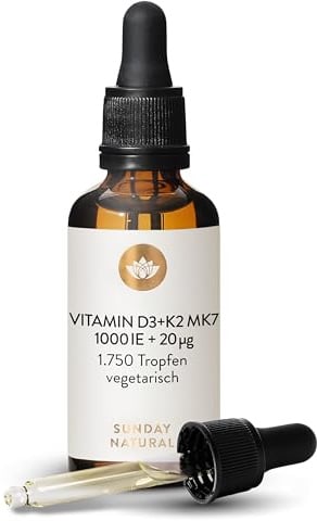 SUNDAY NATURAL® Vitamin D3 K2 Tropfen – Premium Vitamin D 3 1.000 IE (25µg) + K2-MK7 ≥99,8% all-trans 20µg – Kölner Liste® - Hohe Bioverfügbarkeit, ohne unnötige Zusätze, laborgeprüft