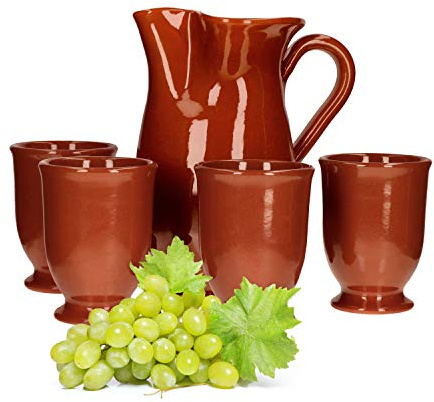 MamboCat 5tlg.-Set: Tonkrug 1L + 4 Tonbecher 175ml Ton-Geschirr robust braun glasiert Servier-Kanne Trink-Tassen mediterrane Küche Wein-Fest Mittelalter-Markt