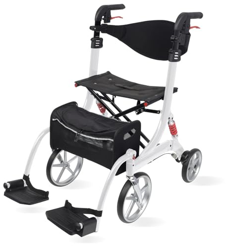Besco Medical 2 in 1 Rollator-Rollstuhl SPRING VARIO - Modell S Polarweiß | Leichtgewicht Rollator mit Rollstuhlfunktion & Komfort-Federung - faltbar, höhenverstellbar & umbaubar zum Transportstuhl