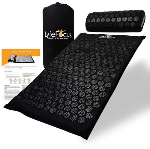 LyfeFocus Akupressurmatte & Kissen-Set mit Reisetasche – gepolsterte Akupunktur-Massagematte für Rücken-, Nacken- und Schulterschmerzlinderung – Linderung von Muskelverspannungen und Stress (Schwarz &