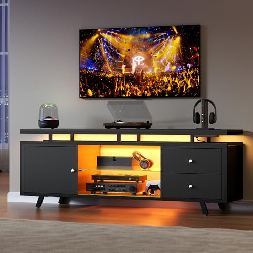 Gyfimoie TV Schrank für 65-Zoll-Fernseher, LED-beleuchtetes Lowboard mit Steckdose und Schubladen und Schränken, TV Board mit Glasböden, fernsehschrank für Wohnzimmer, Schlafzimmer (Schwarz)