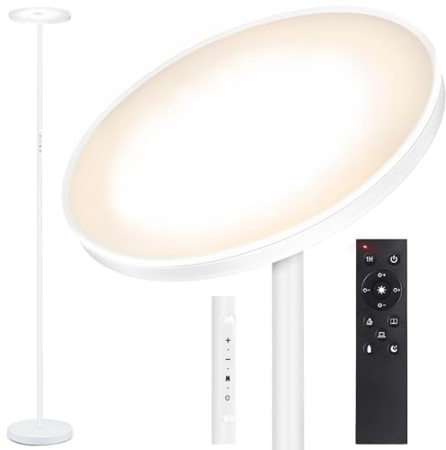 OUTON Stehlampe LED Dimmbar 30W 3000Lumen, Deckenfluter, Weiß | Fernbedienung, Touch-Steuerung, 1-Std.-Timer, Memory Funktion, für Wohnzimmer, Schlafzimmer, Büro