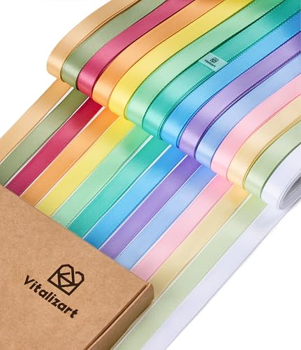 Vitalizart 0,95 cm x 64 m Satinband, 14 Helle Farben x 4,57 m, Doppelseitige Geschenkband für Geschenkverpackungen & Basteln, Seidiges Bänder für Blumenstrauß & Dekoration, Dünnes Satinband Pastell