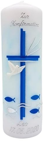 Konfirmationskerze K-04 in vers. Farben inkl. Namen und Datum - auch zur Kommunion, Firmung, Taufe - optional Spruch auf Rückseite, Kerzenständer, Geschenkverpackung