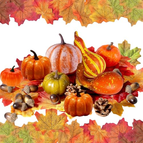 Bukezudang 50 Stück Kürbis Herbst Deko Set, Künstliche Kürbisse Set, Gefälschte Kürbisse Ahornblatt Dekorations Set, Ahornblätter Eicheln Tannenzapfen, for Autumn Thanksgiving Decoration