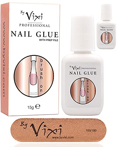 15g x2 By Vixi EXTRA STARKER NAGELKLEBER mit BÜRSTE und GRATIS VORBEREITUNGSFEILE Klarer Sofort-Trockenkleber, professionelle Salonqualität