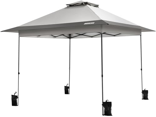VIVOHOME 3,3x3,3m Gartenpavillon mit Doppeldach Höhenverstellbar Stabil | Pop up Pavillon mit Zentralverriegelung UV Schutz 50+, Tragetasche und 4 Sandsäcke für Garten Outdoor Camping Grau