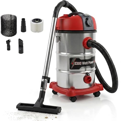 STAHLMANN VAC3300 Industriestaubsauger 3300W | Steckdose mit Automatik (2000W) | Blasfunktion | 21kPa Saugleistung | Nass- & Trockensauger 30L | Werkstattsauger ohne Beutel | Baustellen-Sauger