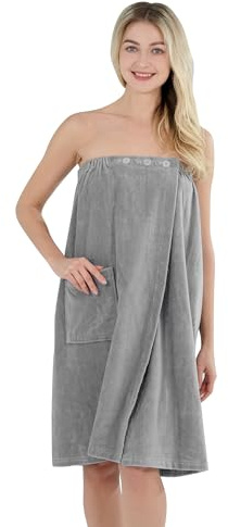Winthome Saunakilt Damen 100% Baumwolle Weich, Saunatuch Damen mit Knopf, Bademantel Saugstark, 3-Fach Weitenverstellbar, Taschen, Saunahandtuch für Sauna, Dusche, Strand, Schwimmbad (Grau, 80x145cm)