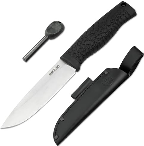 BÖKER SOLINGEN Bronco CPM 3V Survivalmesser mit Lederscheide & Feuerstahl | Fahrtenmesser robust aus Solingen - Bushcraft- & Outdoor-Messer mit CPM-3V Klinge - Pfadfinder Überlebensmesser mit TPE Griff