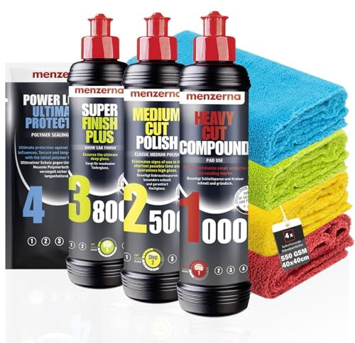 Menzerna Auto Polituren Set: Heavy Cut Compound 1000 + Medium Cut Polish 2500 + Super Finish Plus 3800 + Power Lock Sachet 20ml + 4X Mikrofasertuch