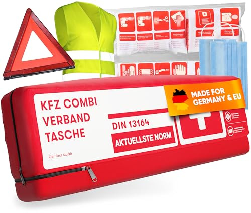 PURAHELP® KFZ Kombitasche inkl. Warndreieck & Warnweste [DIN 13164] - Auto Erste Hilfe Kit mit Verbandstasche - StVO Konform für 2026 - PKW Verbandskasten - First Aid Emergency Kit Car