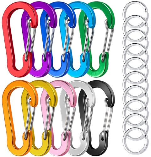 Caianwin 10 Stück Bunt Karabinerhaken Klein 5cm, Aluminium Karabiner mit Schlüsselringe Outdoor Schlüsselanhänger für Schlüssel, Camping, Rucksack, Angeln (10 Farben)